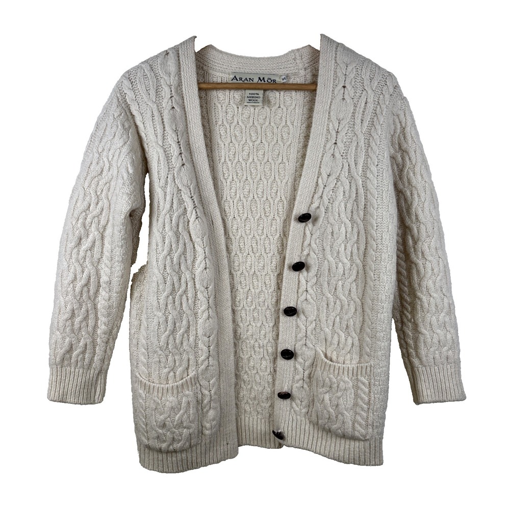 VTG Aran Mor Merino Wool Cardigan Women's Small White Ireland Cable Knit Sweater